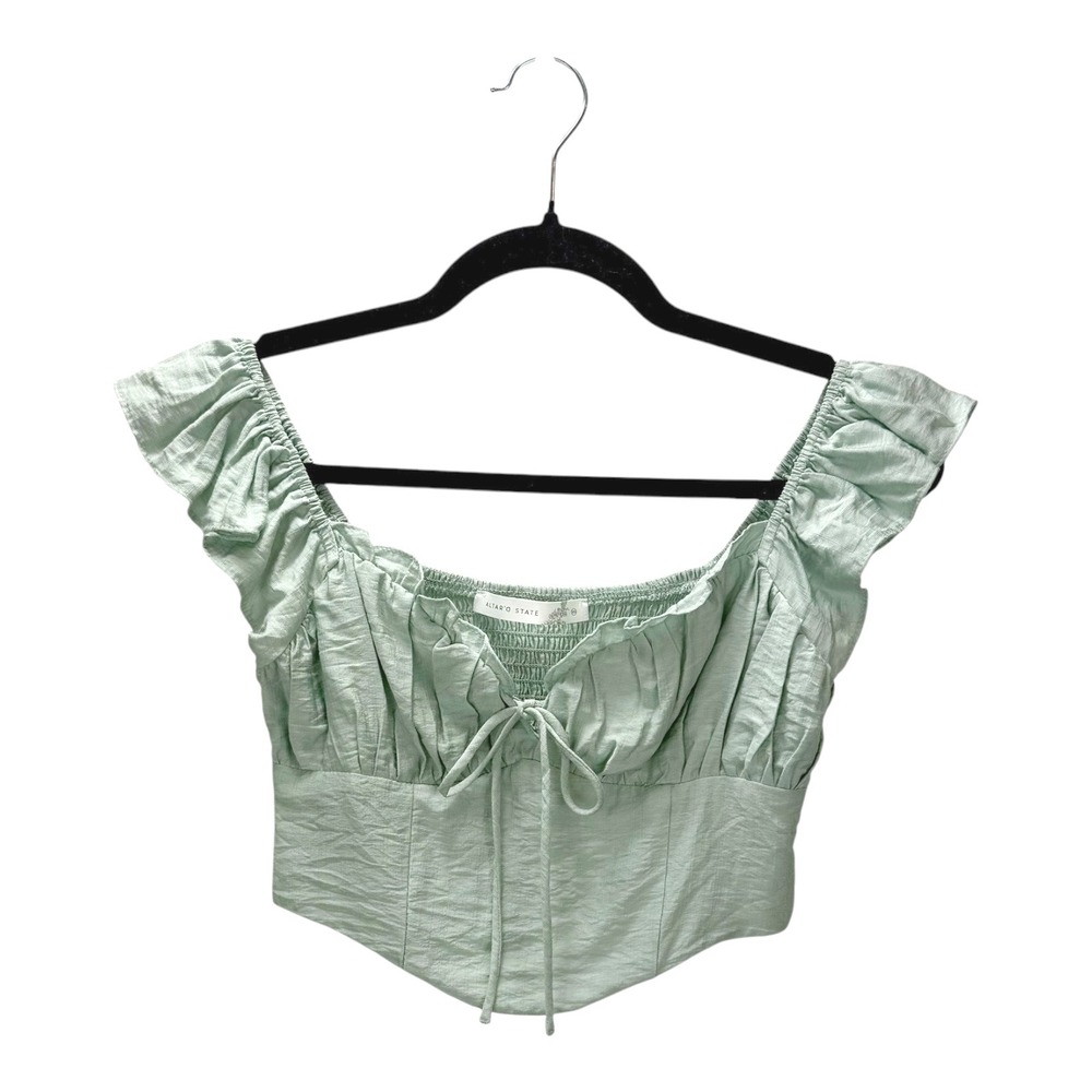 Altar'd‎ State Sage Green Ruffle Sleeve Tie Front Smocked Crop Top XS